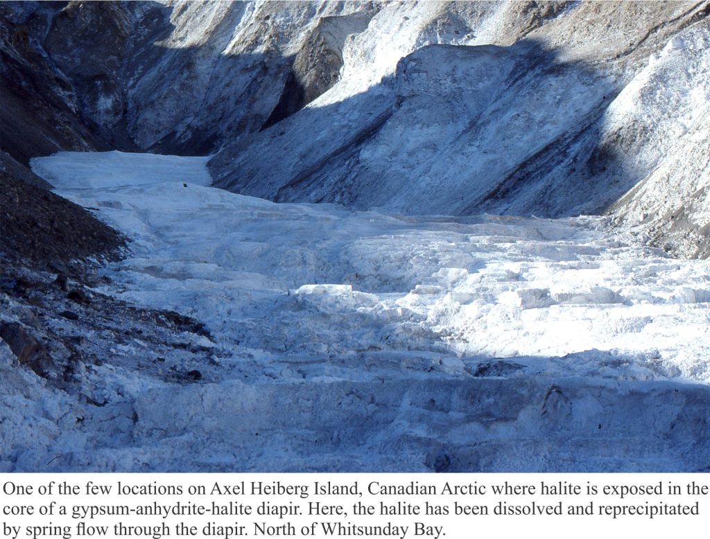 Halite core in anhydrite diapir, Axel Heiberg I. The halite is reprecipitated from the springs in the stream outflow