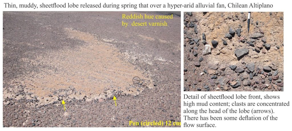 Recent sheetflood deposit over an arid fan surface, Altiplano, Chile