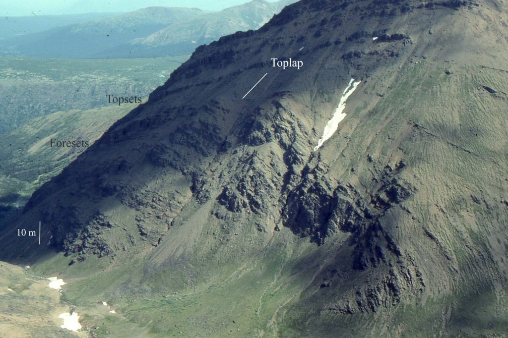 An outcrop scale version of toplap developed between fan-delta foreset and topset beds. Middle Jurassic, Bowser Basin, British Columbia.