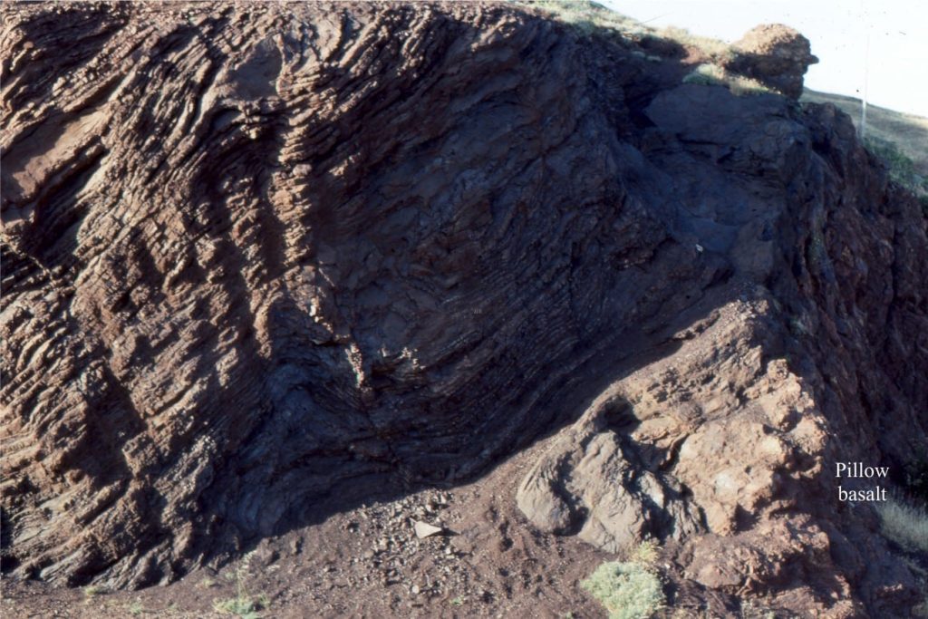 Uplifted and exposed oceanic crust. Structurally interleaved, folded radiolarian chert (formed from the slow accumulation of siliceous plankton on the deep ocean floor) and highly altered pillow basalts, part of the Franciscan (terrane) Complex, Golden Gate area (possibly Marin Headlands – I took this shot a long time ago).