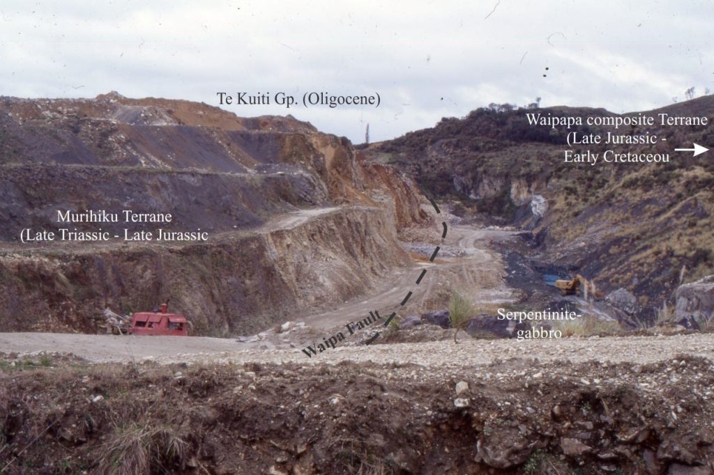 A sliver of highly sheared serpentinite and altered gabbro, part of the Dun Mountain (ophiolite) Terrane (Leach and Rogers, 1978). They represent remnants of lower oceanic crust or upper mantle tectonically squeezed along Waipa Fault that itself may record a terrane-plate boundary. Wairere quarry, south Waikato, New Zealand.