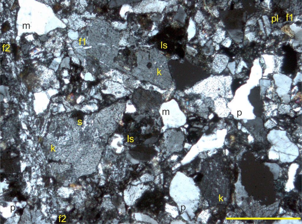 Thin section of greywacke, Rakaia Terrane. Crossed nicols only. Bar scale is 0.5 mm