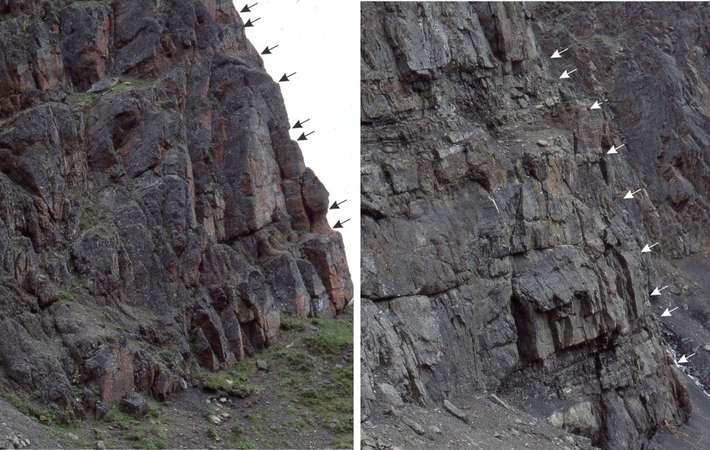 Two exposures near the base of the main channel complex contain cohesive debris flows and fluidal debris flows. Arrows indicate flow units.