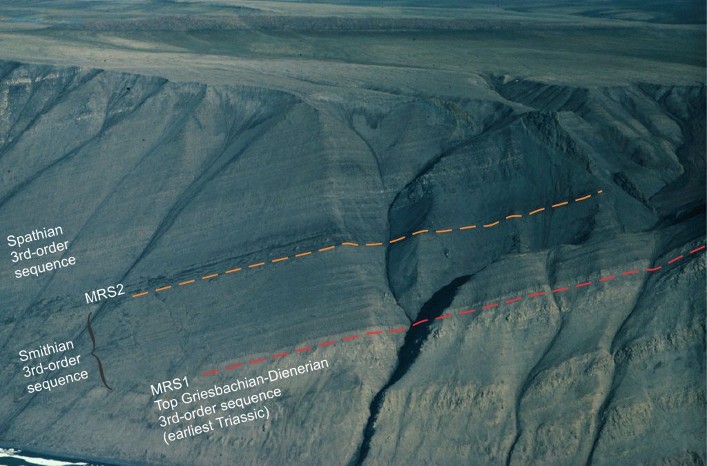 A panoramic view of maximum regressive surfaces for three 3rd-order sequences in the Lower Triassic Blind Fiord Fm, Sverdrup Basin. MRS1 is placed where sandstone beds become finer grained and contain more intense bioturbation than sandstones below the MRS. The decrease in sediment supply provided greater opportunities for grazing-burrowing critters on the sea floor. Although the MRS1 signals a shift in baselevel and a reduction in sediment supply, sand remaining in residence across the shelf is still available for reworking and deposition. The cessation of sand supply is marked by the relatively abrupt sandstone-shale contact immediately above the MRS1. MRS1 signals the end of the Griesbachian-Dienerian sequence, and the beginning of the shale-dominated Smithian sequence. MRS2 signals the end of the Smithian sequence and the beginning of the Spathian sequence. Smith Cliffs, Sverdrup Basin. Image courtesy of Ashton Embry.