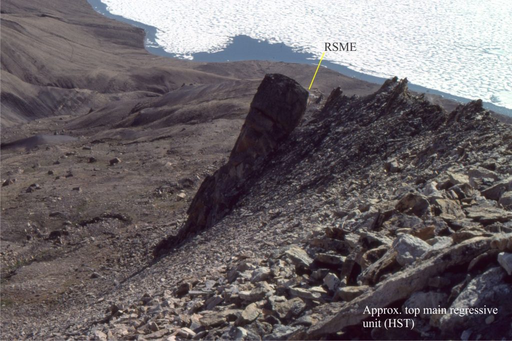 A different view of the abrupt erosional base of a forced regressive sandstone wedge (RSME) – this event is part of package #1. The Crossbedded sandstone is underlain by shale and thin bedded fine-grained sandstone.