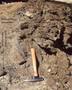 A closer look at the regolith developed on Ordovician limestone. The surfaces of fracture blocks are pitted and embayed by dissolution. Fracturing and dissolution decrease downwards from the upper contact. Elsewhere there is evidence for karstification. Same location as above.