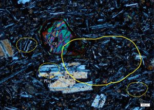 Olivine basalt, where olivine (Ol) and plagioclase (Plag) phenocrysts occur within an aphanitic groundmass. The solid yellow outline corresponds to very coarse sand-size; the dashed outlines correspond to medium sand. Crossed polars.