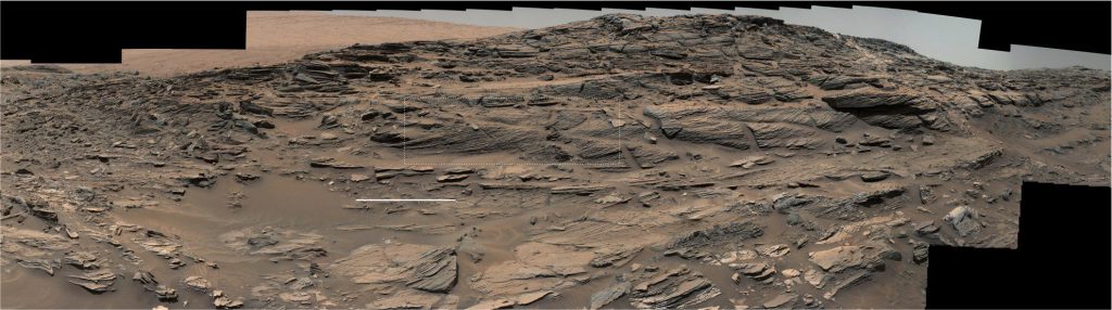 A mosaic of images of the Stimson formation showing multiple, overlapping and discordant crossbeds, probably deposited as aeolian dunes 3.7 – 2.9 billion years ago in Gale crater, Mars. Most appear to be tabular crossbeds. Detail of tangential foreset geometry in the inset is shown at the top of this page. The scale bar is 2 m long. Imaged by Curiosity, 2015. Image credit: NASA/JPL-Caltech/MSSS 