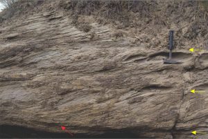 Stacked tabular crossbeds, a record of successive 2D bedform migration across a Cretaceous river channel sand bed (Dunvegan Fm. Alberta). Yellow arrows indicate crossbed set contacts. Foresets in all units have tangential basal contacts (red arrow). Some foresets also have tangential upper contacts and where these occur the foresets present a sinusoidal geometry. Flow was to the left.