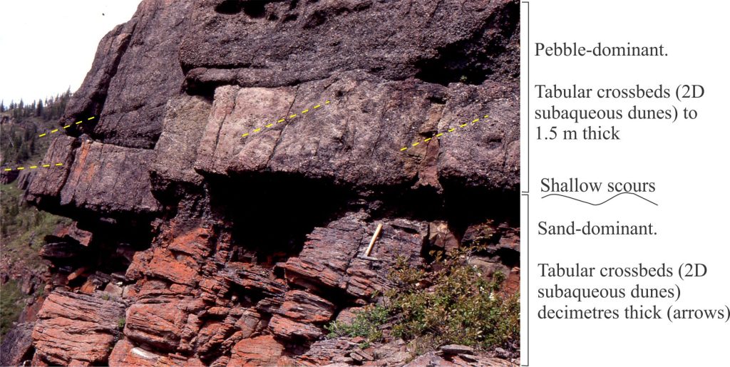 Tabular crossbedded pebble conglomerate in scoured contact with underlying tabular crossbedded lithic sandstone. Flow in both units was to the left. The apparent dip of gravel foresets is 20-25o (dashed lines outline general trends). The lowermost conglomeratic tabular bed can be traced laterally for about 8 m. It is overlain and locally scoured by tabular and trough crossbedded conglomerate. Lower Cretaceous Elk Fm, southern Alberta.