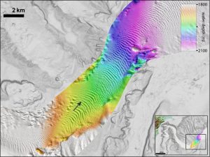 Surveys of the lower floor in Kaikoura canyon (1800-2100m depth) before (top image) and after the November 2016 Kaikoura earthquake, show that gravel waves moved more than 500m downslope (arrow) during the transit of a turbulent, muddy flow (identified as a turbidite). The dune-like bedforms are probably gravelly, have amplitudes of 10-20 m, wavelengths of 250 m, and have straight to slightly arcuate crest lines; a few are bifurcated. Image credit: NIWA, March 15, 2018. See the paper by Mountjoy et al., 2018 – link given above. 