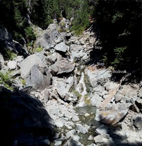 Angular, boulders, cobbles and pebbles of intensely fractured granodiorite overlying a channel base of the same rock type. The step in the foreground consists of bedrock and fitted boulders. Boulder orientation is haphazard. The larger boulders dampen flow during flood events and trap smaller cobble and pebble-sized clasts. Mt. Garibaldi trail, southern British Columbia.