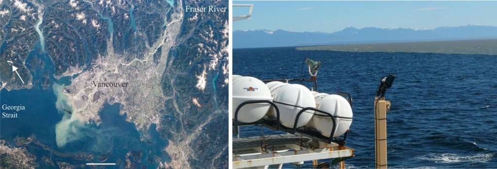 Left: Multiple plumes extending from Fraser River delta, British Columbia. Possible hyperpycnal flows may have occurred in the denser part of the inner plume (arrow). Hypopycnal plumes extend more than 30 km southwest of the river mouth into Georgia Strait. The whispy remnants of earlier plumes have drifted about 50 km south, deflected by local water mass flow. Bar scale is 25 km. Image credit: International Space Station. Right: The well-defined margin of an earlier hypopycnal plume that flowed across Georgia Strait is shown on the right image. Image credit: photo taken May 4, 2013, by Kevin Bartlett on Canadian Coast Guard research ship John P. Tully. 