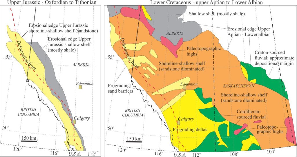 Outcrop and subcrop maps for two stages of foredeep development in Western Canada Sedimentary Basin. Left: Upper Jurassic sandstone (proximal to the deformation front) and shale dominant lithofacies record deepening of the foredeep. The eastern subcrop edge is erosional, the equivalent shallow marine-fluvial deposits having been stripped off. The original margin was probably located much farther east (toward the craton). The western basin margin in the deformed belt has been translated eastward, carried along with successive episodes of thrusting. Right: The Lower Cretaceous subcrop limits are also erosional, but in this case the subcrop edge extends much farther east. Facies analysis (using well logs and core) identify fluvial and probable coastal plain deposits along the southeast edge – their provenance was probably cratonic supracrustal rocks. Thus, the preserved foredeep margin here is probably close to the original depositional margin. Both maps redrawn from, D.G. Smith Chapter 17, Figures 17.1, 17.6: in Geological Atlas of the Western Canada Sedimentary Basin, G.D. Mossop and I. Shetsen (compilers), Canadian Society of Petroleum Geologists and Alberta. 