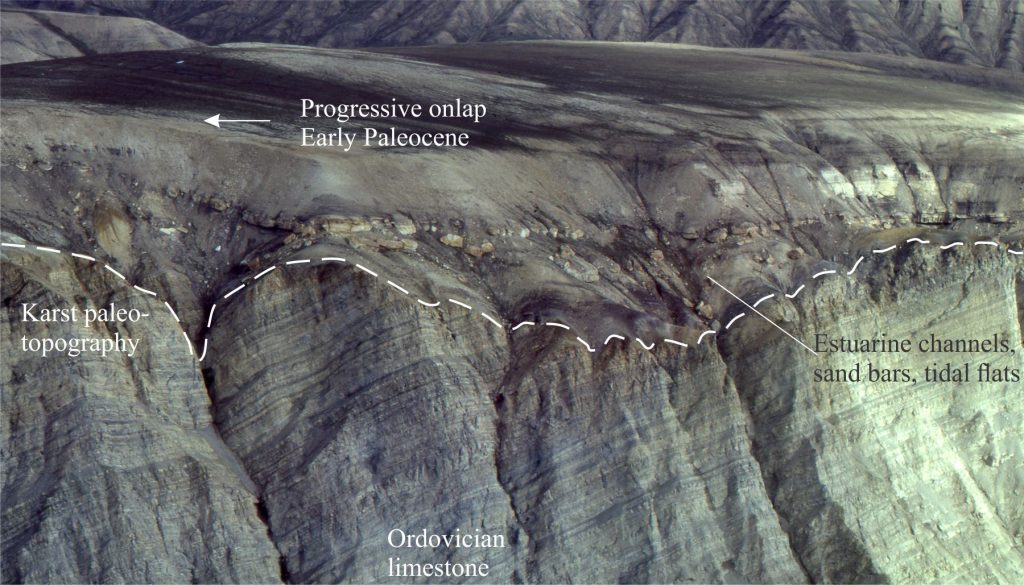 Early Paleocene coastal plain deposits onlap Ordovician limestone across an unconformity that includes paleokarst topography. The coastal plain lithofacies are represented by estuarine channel sandstone, sand spits and bars, and tidal channels that enclosed lagoons and tidal flats. Progressive onlap records the expanding Paleocene margin of Sverdrup Basin; the limestone bedrock is part of the Paleozoic Ellesmerian terrane. Located near Mount Moore, central Ellesmere Island.