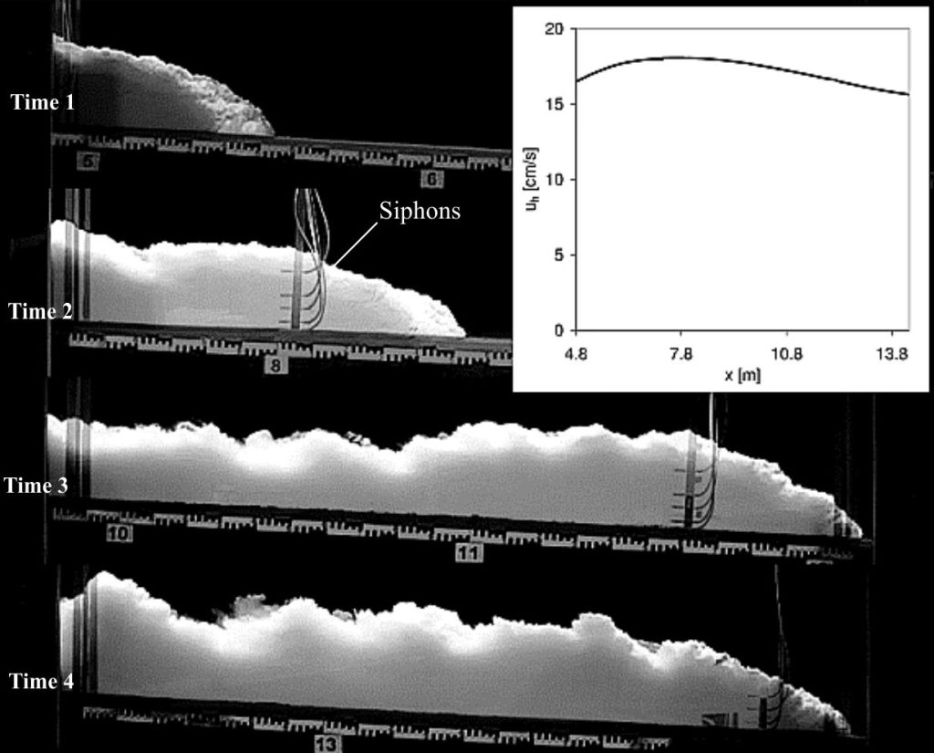 Controlled experiments on turbidity currents allow us to observe the dynamics of flows and the organization of their deposits. Phillip Kuenen and Carlo Migliorini (1950) conducted experiments like the one shown here – they were able to reproduce the kind of graded bedding observed in many outcrops, setting in motion a scientific rethinking of deep-sea sedimentary processes that still resonates today.The experimental flow shown above was designed to sample the concentration of sediment suspended in the turbulent plume over the duration of the flow (using siphons). Four time-lapse images show different stages of flow development, with two of the siphons at 8 m and 11.6 m from the flume inlet. The inset curve plots flow velocity with distance along the flow path. Image credit: Modified slightly from O.E. Sequeiros et al., 2009. Figure 5, Experimental study on self-accelerating turbidity currents. J Geophysical Research; Oceans 