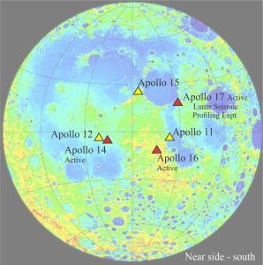 Apollo landing sites and seismic stations. The base map is from the Lunar Reconnaissance Orbiter mapping mission. Modified slightly from Nunn et al., 2020, Figure 1.