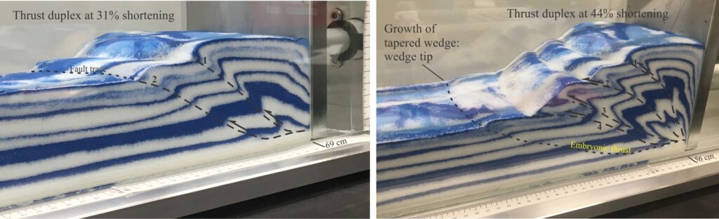 A student-oriented, sandbox indenter experiment modeling in-sequence thrust fault development at different stages of horizontal shortening. Thrust faults are numbered in order of formation. The wedge tip moves away from the indenter as new thrust faults form. All the strain is distributed through the wedge rather than the detachment in both model segments.  Model stratification in white and blue, dry, cohesionless sand. Images courtesy of Sandra McLaren. 