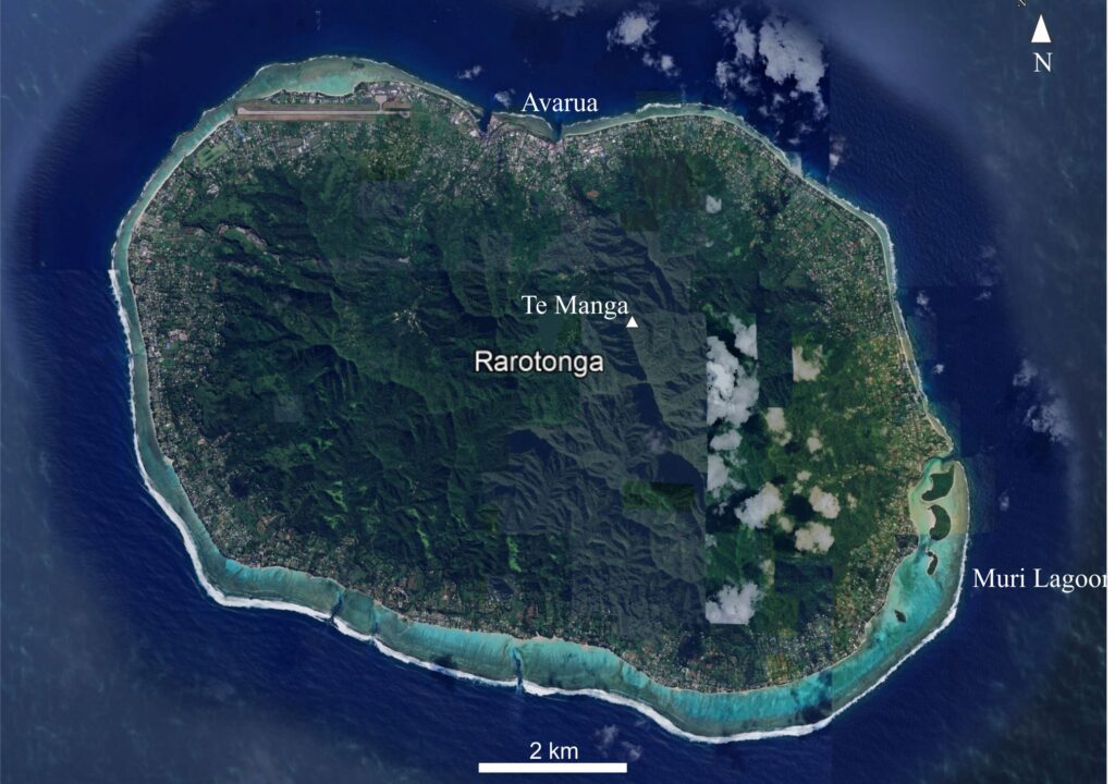 Satellite imagery of Rarotonga shows clearly the rugged topography resulting from dissection of the volcanic edifice over the last million years. The main settlement and Cook Islands capital is Avarua. The airport runway is clearly visible on the northwest coast. From Google Earth.