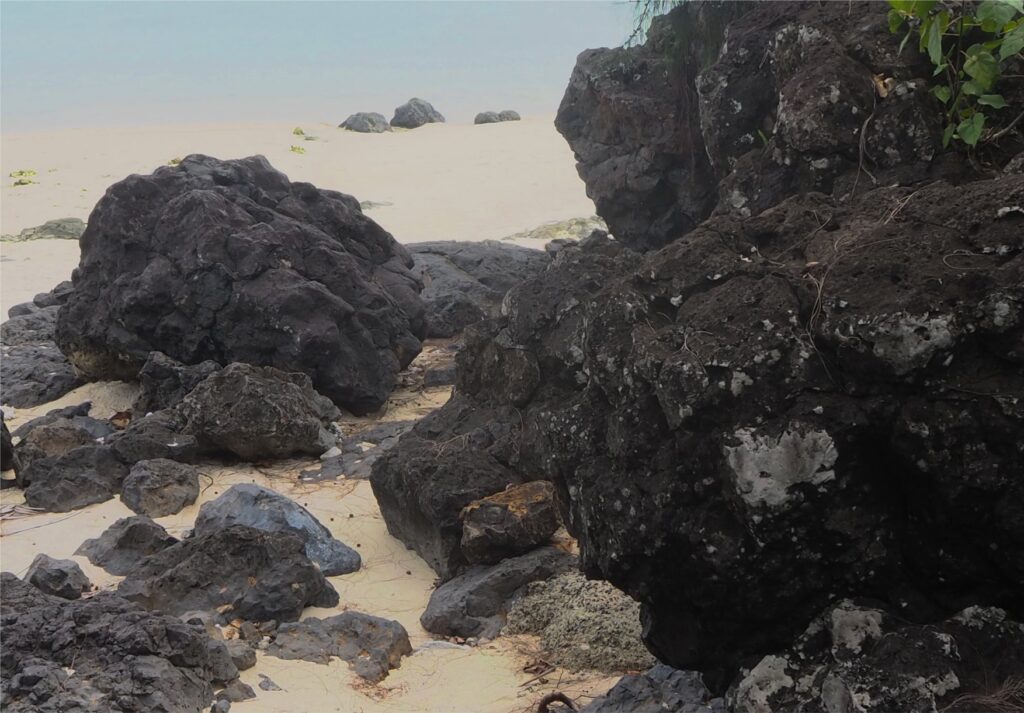 Fractured but relatively fresh, aphanitic, non-vesicular basalt exposed along the west shore of Aitutaki (below Pacific Resort). 