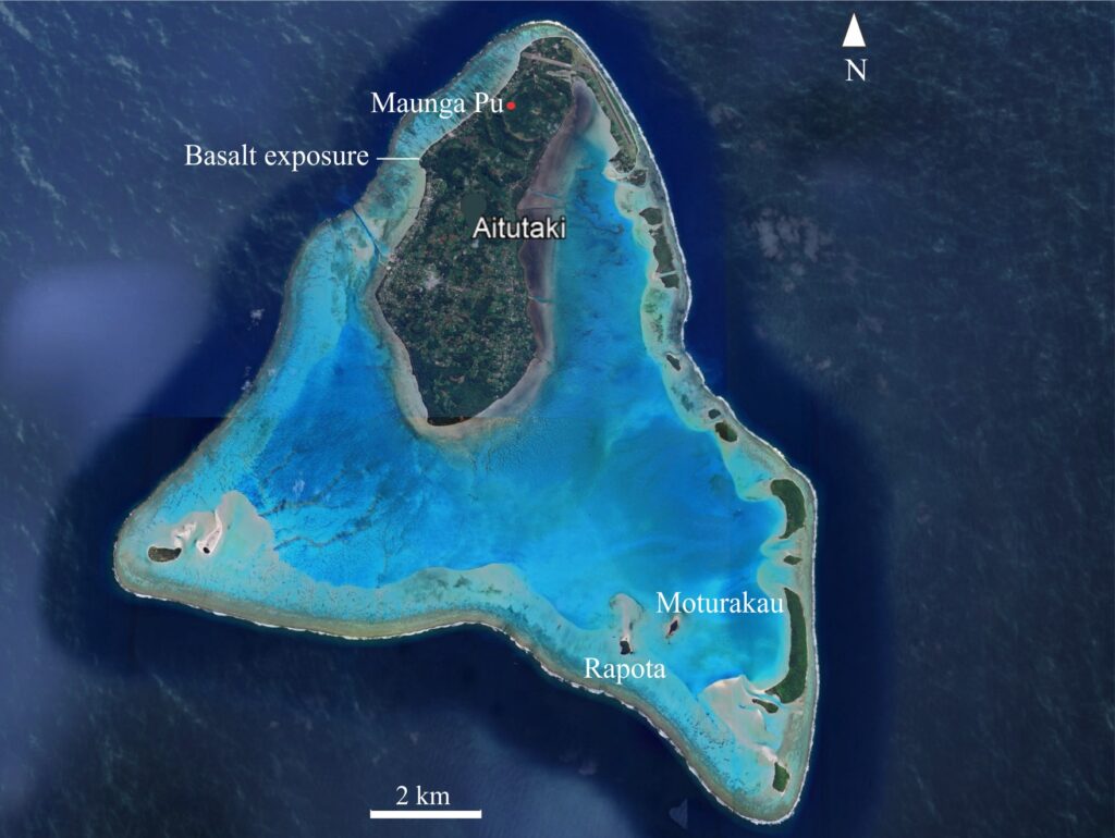 The main island of Aitutaki is underlain by basalt lava flows, volcaniclastic deposits, and a fringe of carbonate skeletal sands and gravels.  Basalt outliers are also exposed on Rapota and Moturakau islets. The remaining islets bordering the back reef are composed of coral-algal sands and gravels. Maximum water depths in the lagoon are 11 m. Image from Google Earth.