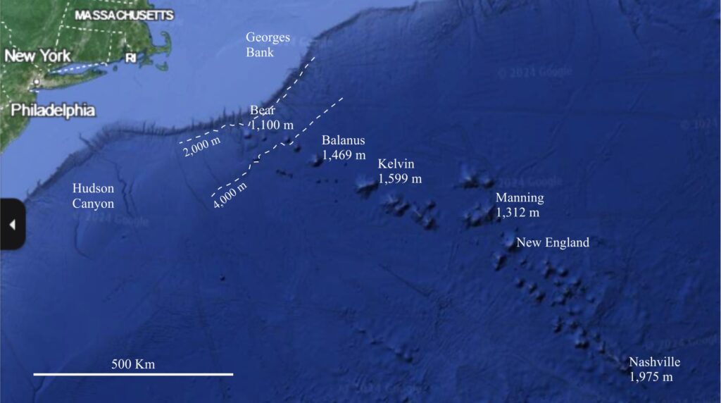 The New England seamount chain. Names refer to a few of the seamounts - with top elevations annotated. The majority rise from ocean floor depths greater than 4000 m. Oldest is Bear Seamount at 103 Ma. Base map is from Google Earth.