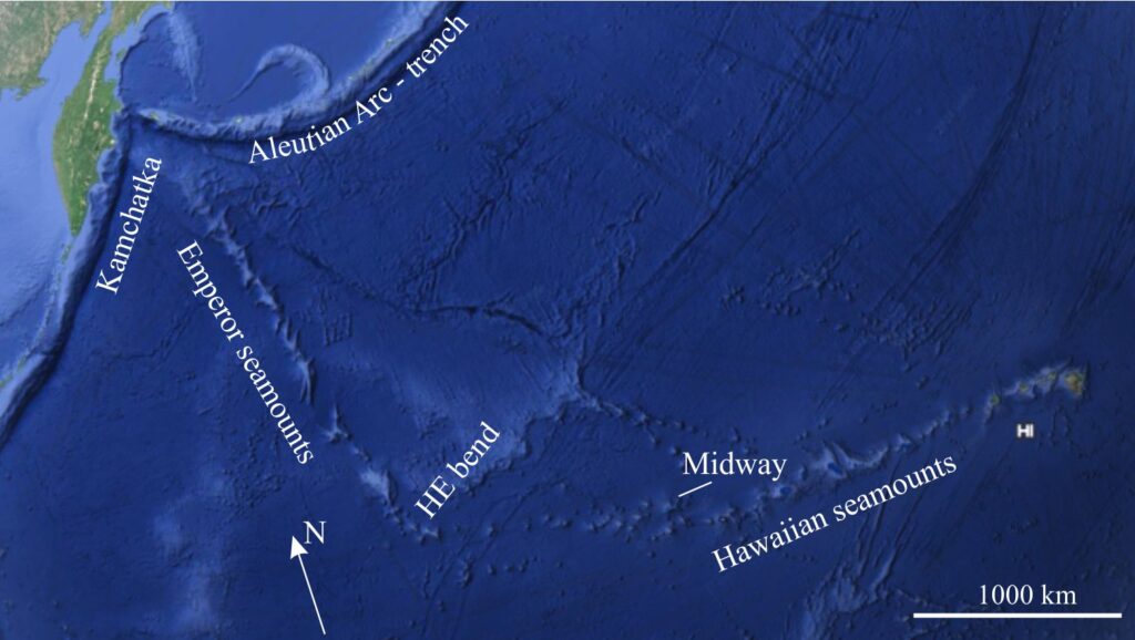 The extent of the Hawaii-Emperor seamount chain and its iconic ‘bend’ are nicely illustrated in this Google Earth image. Note the proximity of the northernmost and oldest Emperor seamounts to the active Aleutian Trench and subduction zone.