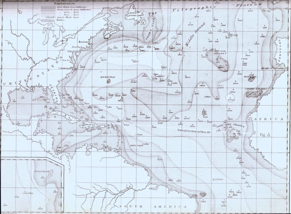 One of the earliest bathymetry maps of the northern Atlantic Ocean by US Navy surveyor Matthew Maury, modified in this 1858 version from his 1852 map. Contoured depths in fathoms are represented by different stipple patterns. One fathom is 1.83 m. The axis of the region mapped as Middle Ground corresponds approximately to what we now know as the Mid-Atlantic Ridge. The Azores archipelago lies about 100 to 450 km east of the Mid-Atlantic rift zone. Image credit: NOAA, History of Oceanography Collection 