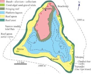 Facies map of Aitutaki, modified from Rankey et al., 2011, Op Cit., Figure 2c. Isobaths summarized from Summerhayes, 1971, Figure 2. Beach sample grain size analyses (red numbers) are from Forbes, 1995, Figure 7. Insets indicated by dashed lines (Maina and Tapuaetai islets) are illustrated in the text.