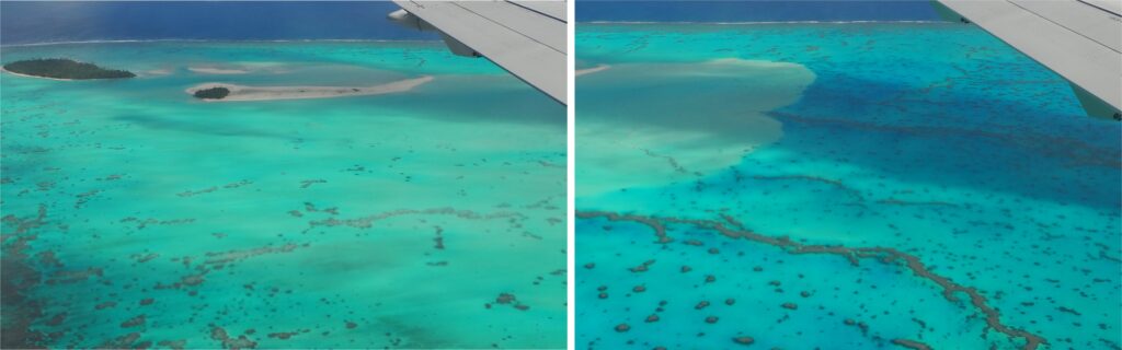 Slightly farther along the flight path, Maina (top left) and the smaller islet are surrounded by reef apron sands. Maina is about 600 m long. The abrupt sand apron margin (right photo) is a lee face that has relief of a metre and more. The apron sands are prograding over linear and isolated patch reefs (dark splodges) in the lagoon – in the foreground the linear patch reef is more than a kilometre long.