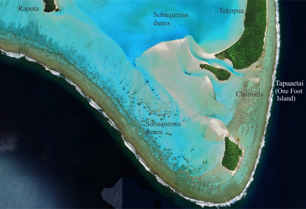 Satellite image of the southeast corner of the Aitutaki lagoon. For scale Tapuaetai (One Foot Island) is 470 m long. The reef apron extends north of Rapota I. and southeast where it merges with sand bars and active channels. The channels (hoa) act as feeders to the sand bars. The sand bar-channel system resembles a flood-tide delta. Bar tops in at least two locations contain dune bedforms having wavelengths of metres to a few 10s of metres. Prominent spur and groove structures have formed along most of the reef crest. Image modified from Google Earth.