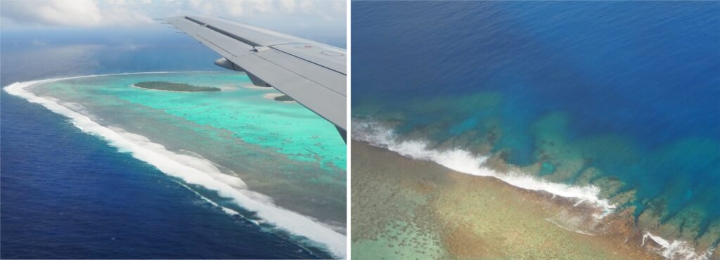 Left: Flight path over the southern part of Aitutaki lagoon takes you across the forereef breaker zone and reef crest. Maina island in the background is about 600 m long. Right: A segment of the forereef along the west side of Aitutaki lagoon clearly shows spur and groove structure in the forereef and extending across the reef crest (lower left). Spurs here are a few 10s of metres wide.